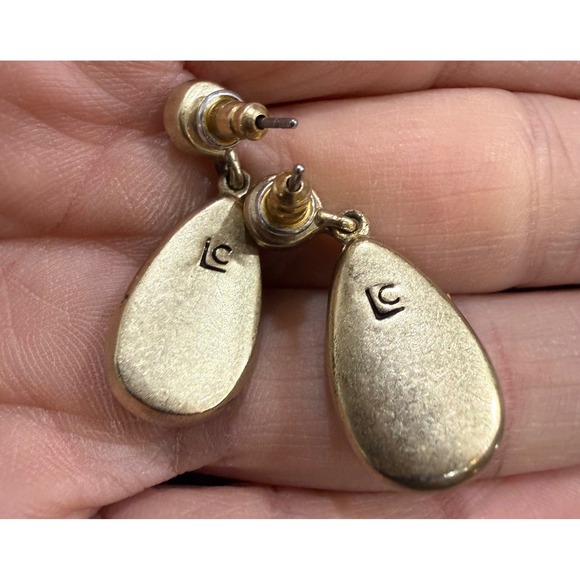 Lauren Conrad Gold Tone Wood Teardrop Drop Earrings Filigree Stud Boho LC - Picture 3 of 5